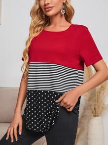 EMERY ROSE Camiseta de rayas & con estampado de lunares bajo curvo - Multicolor - Ver 4