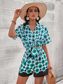 Geo Print Drop Shoulder Blouse & Shorts - Multicolor - View 1