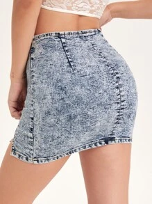 High Waist Ruched Side Split Hem Denim Skirt - Light Wash - View 2