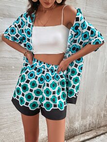 Geo Print Drop Shoulder Blouse & Shorts - Multicolor - View 4