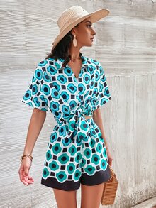 Geo Print Drop Shoulder Blouse & Shorts - Multicolor - View 5