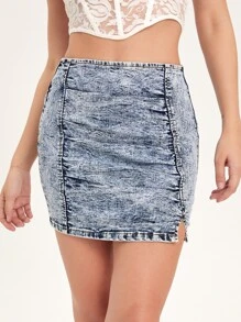 High Waist Ruched Side Split Hem Denim Skirt - Light Wash - View 3