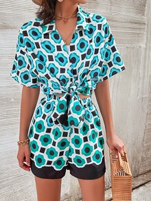 Geo Print Drop Shoulder Blouse & Shorts - Multicolor - View 6