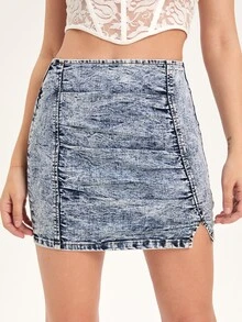 High Waist Ruched Side Split Hem Denim Skirt - Light Wash - View 7