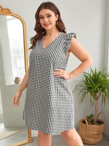 SHEIN Clasi Vestido con estampado de guingán ribete con fruncido - Blanco y Negro - Ver 5