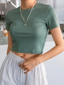 DAZY Solid Rib Knit Crop Tee - Green - View 1