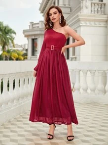 SHEIN Belle 單肩燈籠袖帶扣細節雪紡伴娘連衣裙 - 酒紅色 - 查看 1