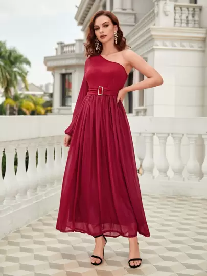 SHEIN Belle 單肩燈籠袖帶扣細節雪紡伴娘連衣裙