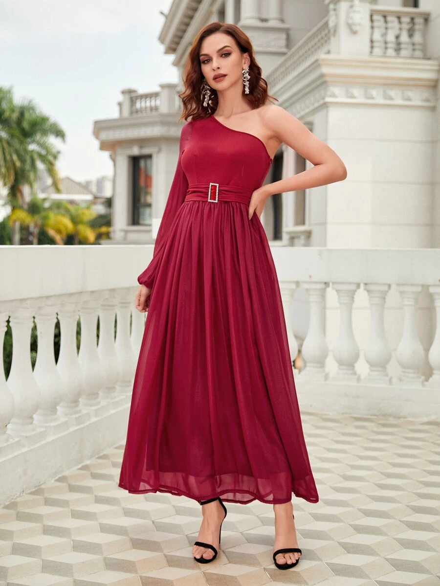 SHEIN Belle 單肩燈籠袖帶扣細節雪紡伴娘連衣裙 - 酒紅色 - 查看 1