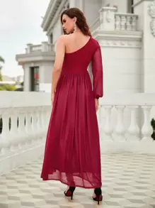 SHEIN Belle 單肩燈籠袖帶扣細節雪紡伴娘連衣裙 - 酒紅色 - 查看 2