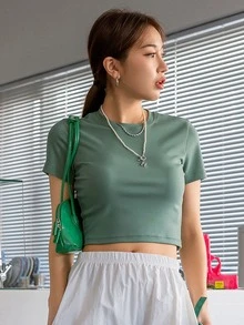 DAZY Solid Rib Knit Crop Tee - Green - View 3