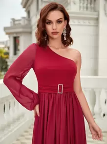 SHEIN Belle 單肩燈籠袖帶扣細節雪紡伴娘連衣裙 - 酒紅色 - 查看 4