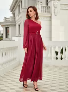 SHEIN Belle 單肩燈籠袖帶扣細節雪紡伴娘連衣裙 - 酒紅色 - 查看 5