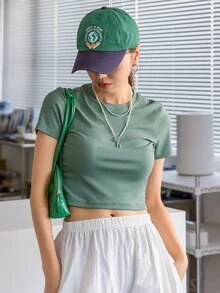 DAZY Solid Rib Knit Crop Tee - Green - View 5