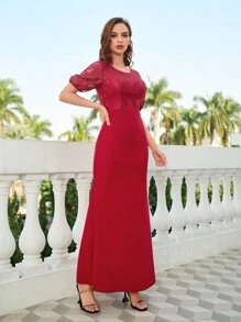 Contrast Floral Lace Puff Sleeve Maxi Mermaid Bridesmaid Dress - Red - View 4