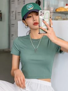 DAZY Solid Rib Knit Crop Tee - Green - View 8