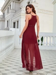 Embroidery Ruffle Trim Tulip Hem Chiffon Formal Dress - Burgundy - View 2