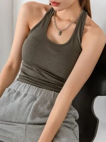 DAZY Backless Solid Halter Top - Army Green - View 2