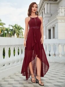 Embroidery Ruffle Trim Tulip Hem Chiffon Formal Dress - Burgundy - View 4