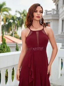 Embroidery Ruffle Trim Tulip Hem Chiffon Formal Dress - Burgundy - View 5