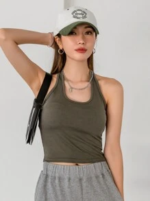 DAZY Backless Solid Halter Top - Army Green - View 5