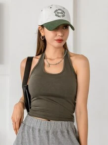 DAZY Backless Solid Halter Top - Army Green - View 6