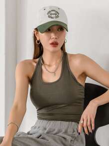 DAZY Backless Solid Halter Top - Army Green - View 7