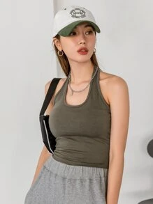DAZY Backless Solid Halter Top - Army Green - View 8