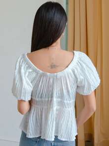 DAZY Puff Sleeve Peplum Blouse - White - View 2