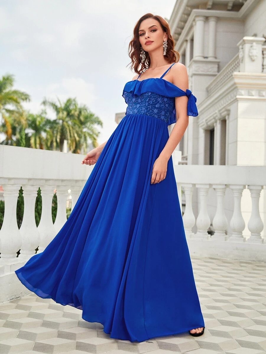 SHEIN Belle Appliques Cold Shoulder Ruffle Trim Knot Side Chiffon Dress - Royal Blue - View 1