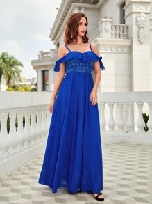 SHEIN Belle Appliques Cold Shoulder Ruffle Trim Knot Side Chiffon Dress - Royal Blue - View 3