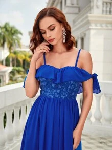SHEIN Belle Appliques Cold Shoulder Ruffle Trim Knot Side Chiffon Dress - Royal Blue - View 5