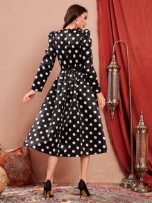 Modelyn 波點圖案羊腿袖洋裝不附腰帶 - 黑色 - 查看 2