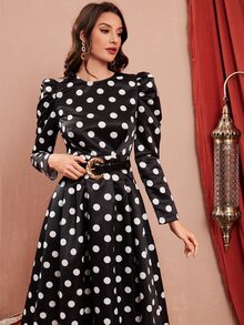 Modelyn 波點圖案羊腿袖洋裝不附腰帶 - 黑色 - 查看 3