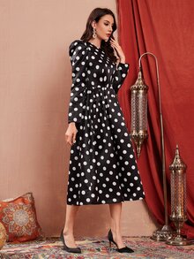 Modelyn 波點圖案羊腿袖洋裝不附腰帶 - 黑色 - 查看 4