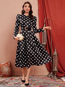 Modelyn 波點圖案羊腿袖洋裝不附腰帶 - 黑色 - 查看 5