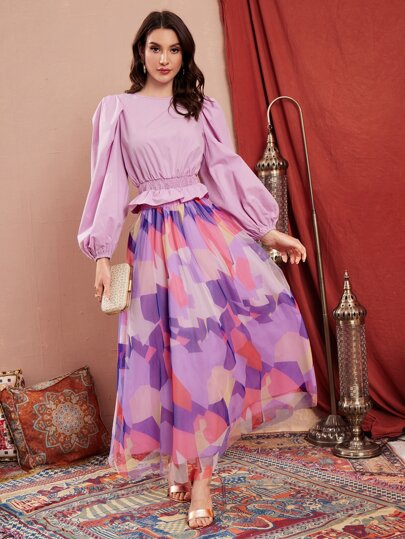 SHEIN ランタンスリーブ シール ペプラムブラウス ＆ カラーブロック メッシュオーバーレイ スカート