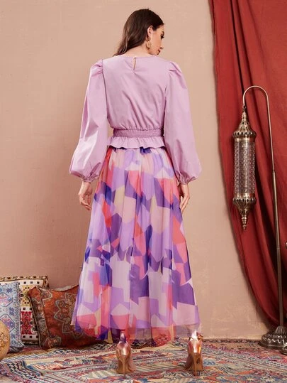 SHEIN ランタンスリーブ シール ペプラムブラウス ＆ カラーブロック メッシュオーバーレイ スカート