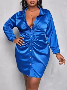 Maweii Plus Ruched Single Breasted Satin Shirt Dress - Royal Blue - View 5
