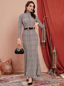 Seusyu Houndstooth Print Mermaid Hem Long Sleeve Dress Without Belt Long Sleeve Long Dress - Multicolor - View 1