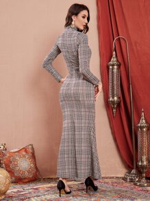 Seusyu Houndstooth Print Mermaid Hem Long Sleeve Dress Without Belt Long Sleeve Long Dress - Multicolor - View 2