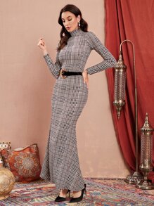 Seusyu Houndstooth Print Mermaid Hem Long Sleeve Dress Without Belt Long Sleeve Long Dress - Multicolor - View 3