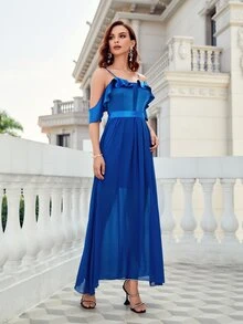 SHEIN Belle Vestido de hombros descubiertos ribete con fruncido con fruncido con cinturón de gasa - azul real - Ver 5