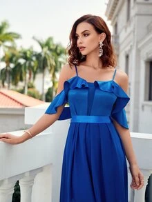 SHEIN Belle Vestido de hombros descubiertos ribete con fruncido con fruncido con cinturón de gasa - azul real - Ver 6
