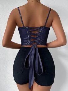 SHEIN VCAY Jacquard Lace Up Backless Bustier Cami Top - Navy Blue - View 2