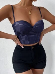 SHEIN VCAY Jacquard Lace Up Backless Bustier Cami Top - Navy Blue - View 3