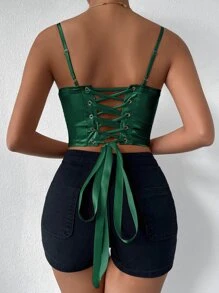 SHEIN VCAY Checkered Jacquard Grommet Lace Up Bustier Cami Top - Dark Green - View 2