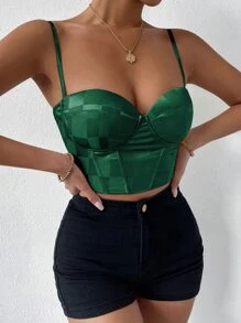 SHEIN VCAY Checkered Jacquard Grommet Lace Up Bustier Cami Top - Dark Green - View 3