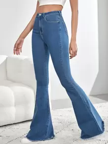 SHEIN Tall Quần jean nữ Nút Túi Hem thô Dây kéo màu trơn - Rửa trung bình - Xem 4