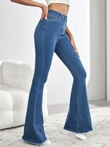 SHEIN Tall Quần jean nữ Nút Túi Hem thô Dây kéo màu trơn - Rửa trung bình - Xem 5